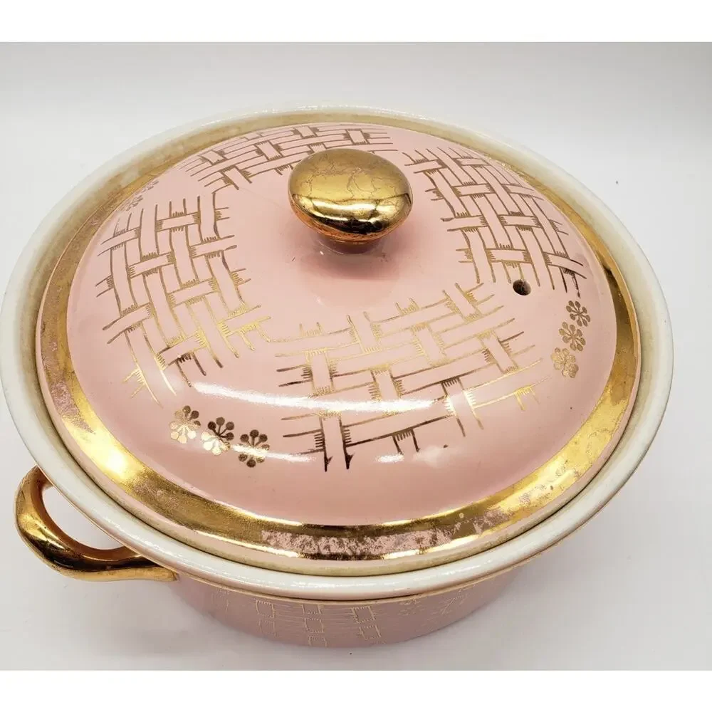 Vintage Halls Superior Quality Covered Casserole Dish Pink Basket weave Pattern